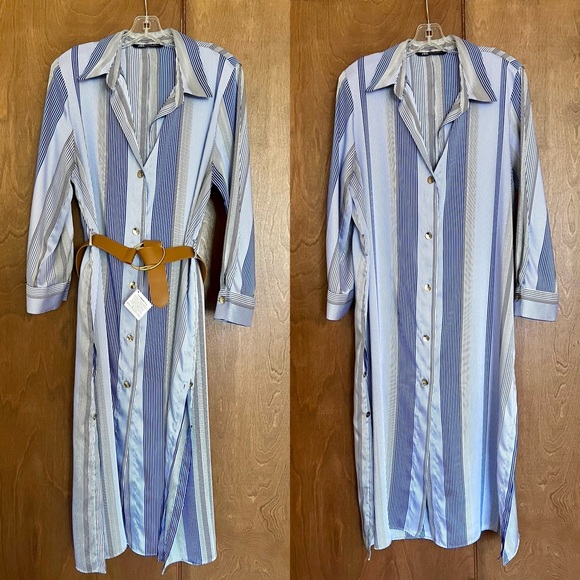 Zara Blue Stripe Satin Effect Midi Shirt Dress w Button Side Slits - Picture 3 of 13
